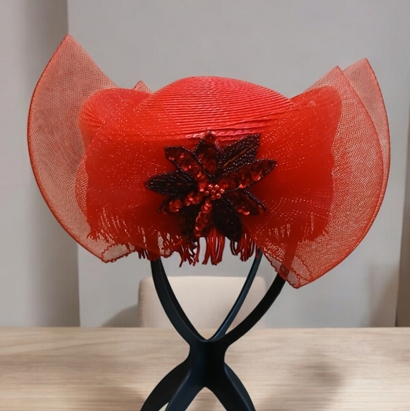 Vintage Woman’s Red Rose Cocktail Fascinator Pillbox Hat Millinery Netting Bow - Picture 4 of 11